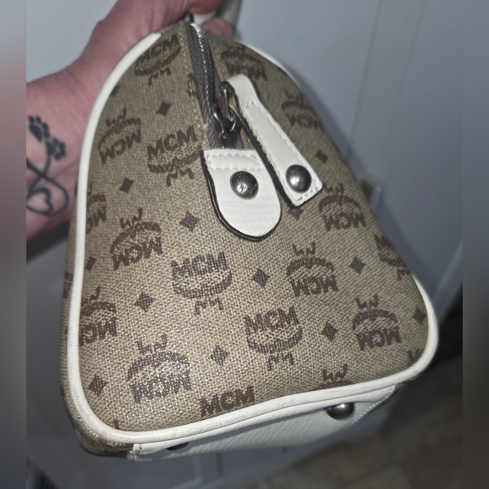 MCM Brown Monogram Satchel with Cream Trim - Picture 14 of 15
